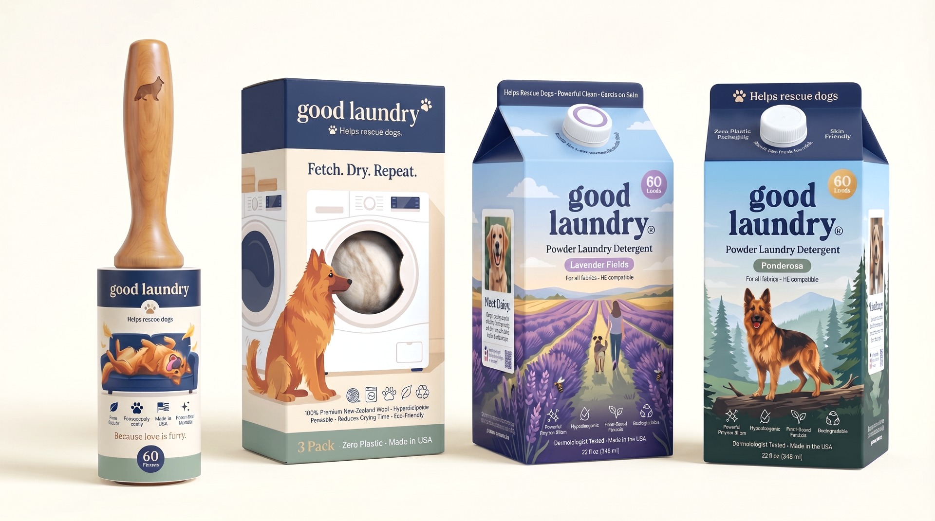Good Laundry product lineup — lint roller, wool dryer balls, Lavender Fields and Ponderosa detergents